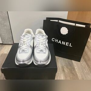 CHANEL Silver and White Women's Sneakers